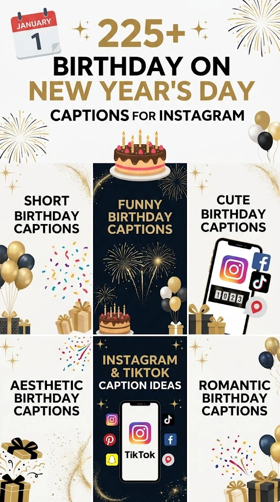 Infographic Image Prompt (SEO + CTR Optimized)
Prompt:
Create a high-quality Pinterest-style infographic titled "225+ Birthday on New Year's Day Captions for Instagram". Design a festive and modern social media graphic combining birthday celebration and New Year themes.
Include visual elements:
January 1 calendar icon
Birthday cake with candles
Fireworks and confetti
Balloons and gift boxes
Smartphone showing Instagram, TikTok, and social media icons
Elegant sparkles and New Year countdown elements
Layout:
Clean vertical infographic format (1080x1920)
Easy-to-read sections:
Short Birthday Captions
Funny Birthday Captions
Cute Birthday Captions
Aesthetic Birthday Captions
Instagram & TikTok Caption Ideas
Romantic Birthday Captions
Style:
Premium social media design
Modern typography
High contrast text
Minimal but eye-catching layout
Festive luxury feel
Perfect for Pinterest sharing and Google image search visibility
Color theme:
Elegant gold, black, white, and midnight blue
Add subtle New Year sparkle effects
Make it visually engaging, professional, and optimized to attract clicks from users searching for birthday on New Year's Day captions.
SEO-Friendly Alt Text
Alt Text:
Birthday on New Year's Day captions infographic featuring 225+ short, funny, cute, aesthetic, romantic, and Instagram-ready caption ideas for January 1 birthdays.
SEO + CTR-Friendly Image Caption
Caption:
Celebrate your January 1 birthday with the perfect words! 🎂✨ Explore 225+ birthday on New Year's Day captions including funny, cute, aesthetic, romantic, and Instagram captions to make your New Year birthday posts unforgettable.
Short SEO Image Description (For Media Library)
Description:
A festive infographic featuring the best birthday on New Year's Day captions for Instagram, TikTok, and social media. Includes short, funny, cute, and aesthetic caption ideas for January 1 birthday celebrations.